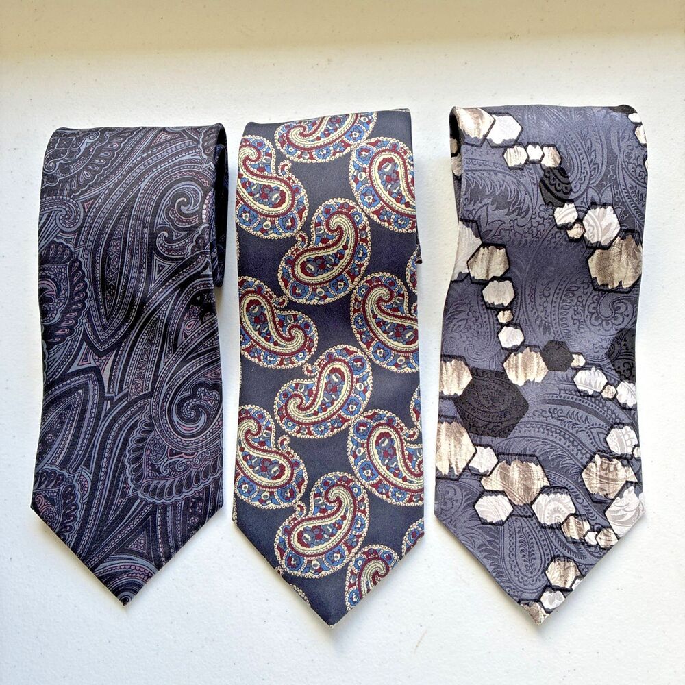 3-Tie Bundle • Bold Retro Paisley & Geometric Prints • “100% Silk” Labels